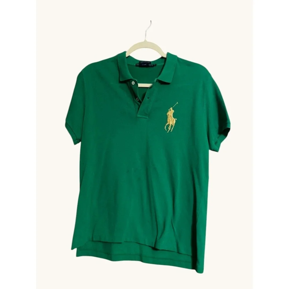 Ralph Lauren Skinny‎ Polo Shirt Green Gold Big Pony Logo Mens XL Cotton Mesh